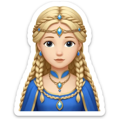 An emoji portrait of a medieval European princess. She wears a long-sleeved bliaut dress in a vibrant blue color, with a delicate golden circlet on her head. Her hair is braided in long tresses, and her expression is gentle and pious. sticker