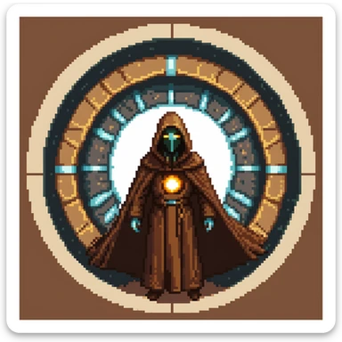 Cloaked figure with brown robe and sci-fi mask emerging from an energy portal sticker