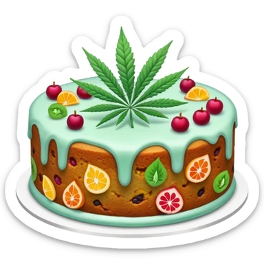 colorful frosted fruit cake with cannabis leaf sticker