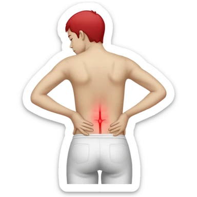 A person standing and holding their lower back in pain, with a red highlight showing the sore area. The person’s face expresses discomfort, and the background is plain white. Realistic lighting, medical concept illustration showing lower back soreness or muscle strain. sticker