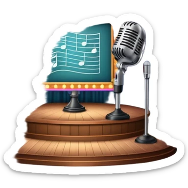Icon for 50s American Musical Theater: a retro stage with neon lights, a classic microphone, musical notes, vintage theater curtains, and Broadway-style elements. Avoid focusing solely on the piano. Transparent background. sticker