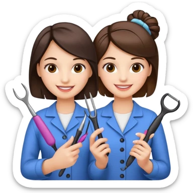 Girls holding hairstyle tools and nails tool sticker