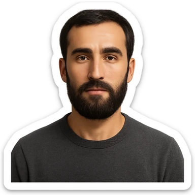 A Tajik man with a slender build, oval face, broad forehead, straight nose, expressive brown eyes, thick eyebrows, dark straight hair, warm-toned skin, and a bigger, neatly kept beard sticker