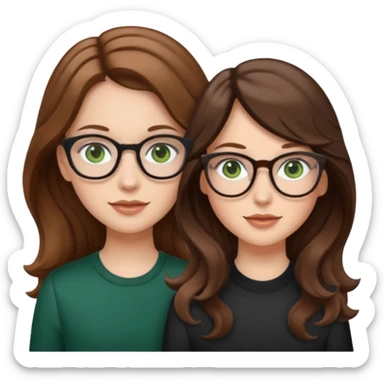 uma menina branca com óculos, cabelo longo castanho claro e olhos verdes e outra menina branca com cabelos ondulados castanhos escuros e olhos marrons sticker