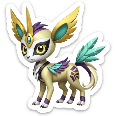 Arrow-patterned chevron-marked Cute Big-eyed anime-styled Colorful Shiny Tribal Skeletal masked armored Meloetta-Silvally-Solgaleo-Raikou-Pokémon-Digimon-Fakémon-fusion-hybrid-creature, full body sticker