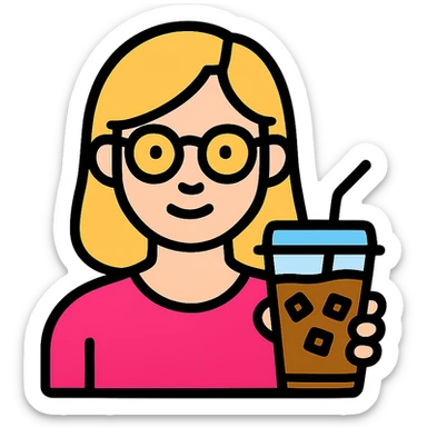 blonde woman with gold glasses holding an iced coffee, minimal flat design sticker