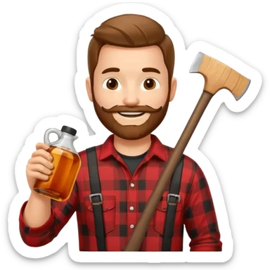 I want a Canadian lumberjack wearing a red and black plaid shirt drinking maple syrup out of the maple syrup bottle and holding a axe in the other sticker