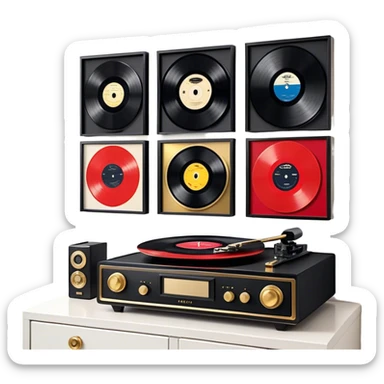 Icon for Vinyl Record Collecting: large black, golden and red vinyl records in decorative packaging featuring artist images, neatly arranged on a wall or shelf, modern vinyl record player. The icon should reflect the aesthetic and artistic aspect of collecting vinyl records. Transparent background. sticker