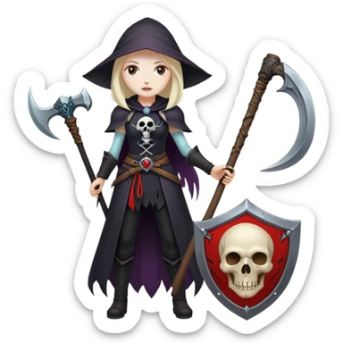Necromancer girl with scythe and shield, in front of a dead mage sticker