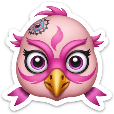 pink bird with piercings and excessive face tattoos and ribbon two eyes sticker