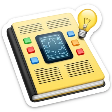 emoji illustrant l'écriture assistée par IA, un carnet ouvert avec des circuits ou une lumière d'idée sticker