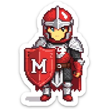 Knight with red and black armor holding a shield with the letter M on it sticker