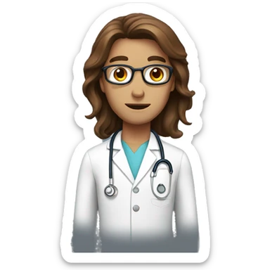 doctor with long brown hair and brown eyes and red face sticker