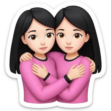 2 girls with black hair hugging each other. One is wearing white clothes and the other is wearing pink clothes sticker