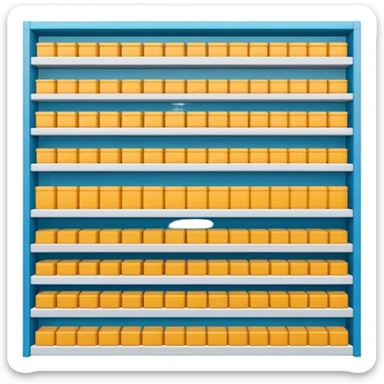 "Minimalist Japanese shelf display, products aligned identically in horizontal rows, each item repeated directly behind the other (multiple units in depth), vertically varied by type, clean spacing, precise symmetry, soft neutral lighting, front-facing packages, ultra-detailed." sticker