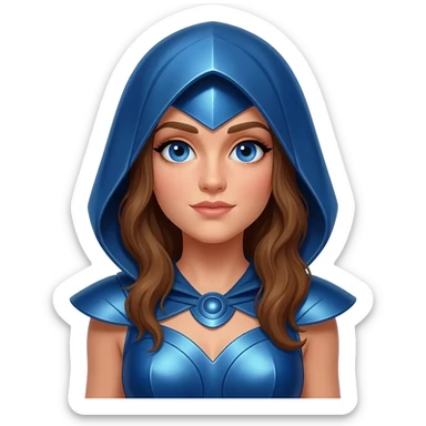 Juno from Roman Mythology with blue eyes, long brown hair, blue metallic cowl dress sticker