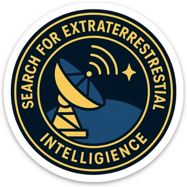 logo for the search for extraterrestrial intelligence in the style of an intelligence agency, featuring a radio dish, signal waves, and a star, with a dark blue and gold color scheme, clean and official emblem sticker