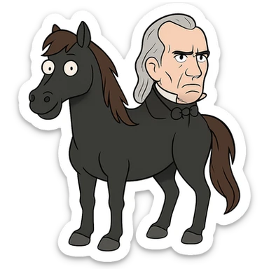President Polk's face on a black horse sticker