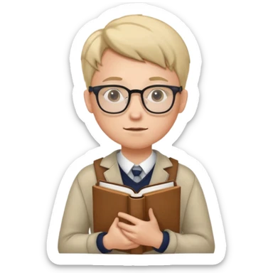 A student wearing glasses, hold book in front of their chest sticker