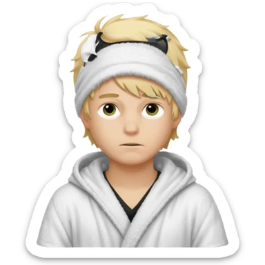 Create a blond boy with long, messy hair, light eyes, a white t-shirt, rich, with long hair, blue eyes, medium-length, voluminous hair, wearing a black Nike bathrobe and a little blush near his nose. and with a balaclava, type bandit balaclava covering the whole face[ sticker