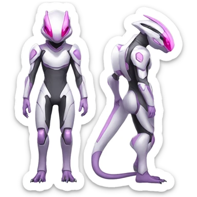 White Anthro-Lizard-Reptile-Raptor-Alien-Genesect-Mewtwo-Fakémon, with pink eyes, with a futuristic visor-helmet, wearing a techwear-suit, Full Body sticker
