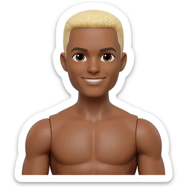 Brown skin Ken doll with blonde buzz cut blonde short hair brown eyes slim fit with muscles, smiling sticker