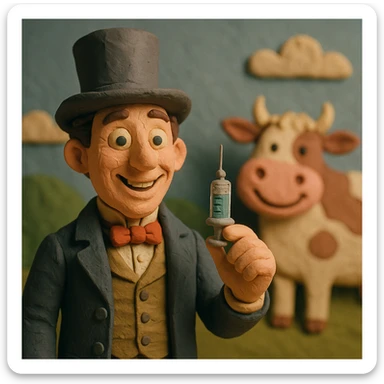 A Victorian doctor holding up a vaccination with a smiling face with a cartoon happy cow in the background sticker