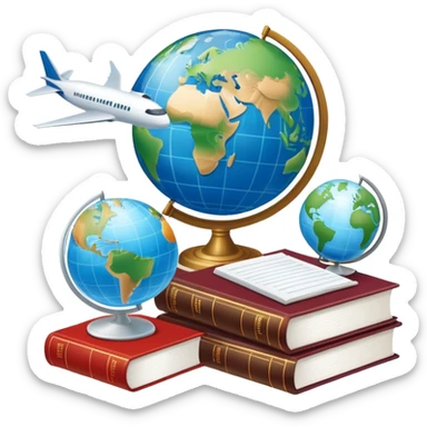 An icon featuring a hotel building, a globe, books, documents, and an airplane, symbolizing the study of tourism and hospitality. The design highlights the global travel industry, with elements of research, planning, and international travel. Transparent background emphasizes the academic approach to tourism. sticker