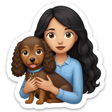 A girl with long straight black hair holding a curly brown giant dog sticker