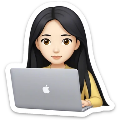 Long hair asian woman working on pale yellow laptop with brown eyes in zoom meeting  sticker