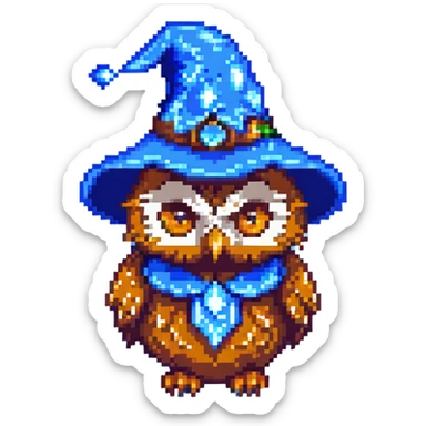 owl wearing a blue wizard hat pixel art sticker