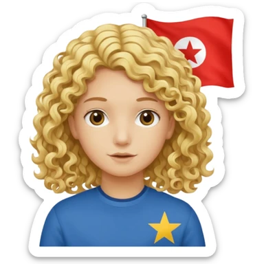Erstelle mir eine weißen Jungen der locken bat der vor einer bossnien flage steht und dumm aus sieht sticker