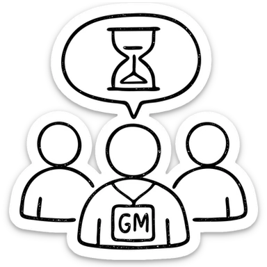 minimalist hand-drawn outlined icon of players and a game master collaborating, with a clock or hourglass representing a multi-day marathon, worn and distressed effect sticker