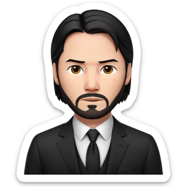 john wick as an apple-style emoji, serious face, black suit, beard, slicked-back hair sticker