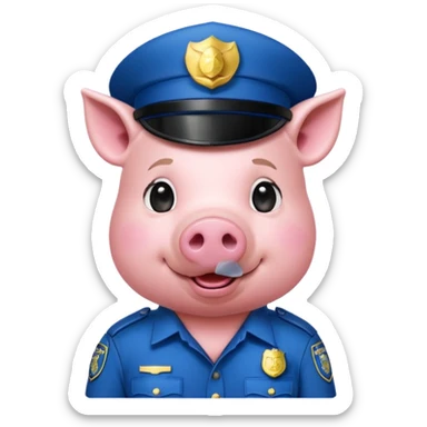 a pig, upright, in a police officer uniform, drooling and looking to the bottom left sticker