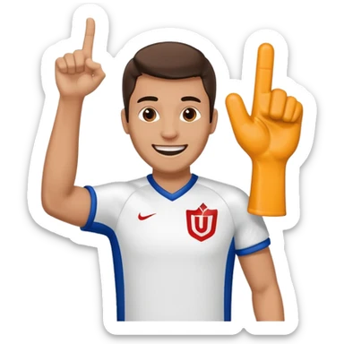 A cheerful man in a team jersey, waving a giant foam finger high with an excited grin. sticker
