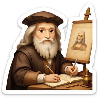 Cinematic Realistic Leonardo da Vinci Portrait Emoji, depicted as the quintessential Renaissance polymath with deep, thoughtful eyes, a flowing beard, and a quill or sketchbook in hand. The scene is illuminated with warm, classical lighting, evoking the atmosphere of a master artist’s workshop, surrounded by early sketches of inventions and masterpieces like the Mona Lisa. sticker