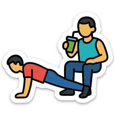 one man doing push-ups, the other man relaxed and drinking a smoothie, icon style, fitness theme, clean lines sticker