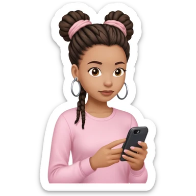 Dark brown woman wearing a light pink shirt and dreadlocks in bun texting on a Light pink phone sticker