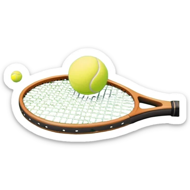 A tennis racket and a ball placed on a grassy court, with the net visible in the background. The scene captures the elegance and energy of the sport, with a vibrant green court and soft sunlight highlighting the equipment. sticker