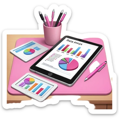 tablet on a desk with papers and pens showing data analysis stuff on it pink sticker