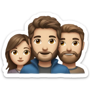 Woman with brown hair and blue eyes with man with brown hair and brown eyes and a beard holding a small gray cat sticker