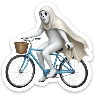 Ghost on bicycle, 3d pictograph, full body, male, arms covered with cloth and invisible, holding handlebars sticker