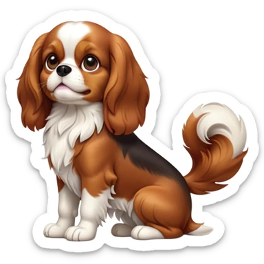 cinematic-[cavalier king charles dog]-realistic-full-body-sitting-emoji,-tail-resting-loosely-beside-its-paws,-head-tilted-dramatically,-sleek-[brown and white]-fur,-simplified-yet-realistic-focused-features,-highly-detailed,-glowing-with-an-almost-sarcastic-glow sticker