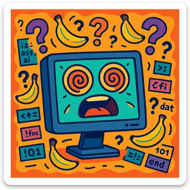 computer monitor with face, eyes spinning in spirals, floating question marks, bananas, random code snippets, colorful exaggerated comic style, representing AI confusion and madness sticker