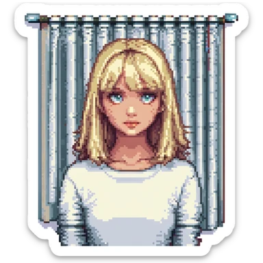 blonde girl with curtain bangs, pixel art style sticker