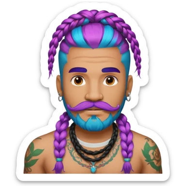 big lose braids starting from the top sides of the head hair like a unicorn man with mustache face wiith big visible loose only two braids and lots and lots of colored face tattoos colored tattoos like a tattoo artist hair unique color and beard sticker