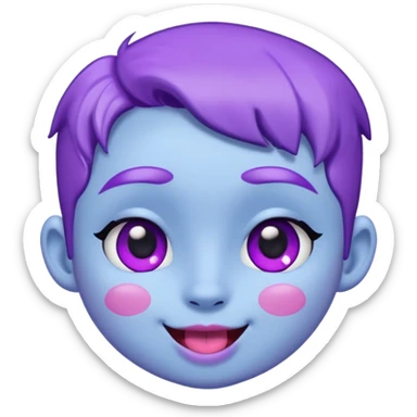 
de color azul claro brillante con manchas orgánicas en tonos morado y violeta.El rostro es expresivo y kawaii, con ojos grandes y brillantes, cejas pequeñas y una sonrisa abierta con lengua rosada. Estilo moderno, limpio y tierno, ideal como emoji, sticker o mascota digital.
 sticker