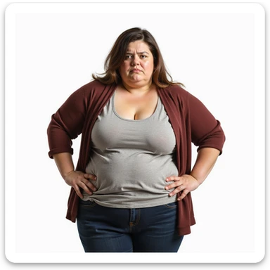hyperrealistic 4K vertical 9:16 portrait of a heavily overweight woman with hands on hips, serious or dissatisfied look, isolated white background sticker