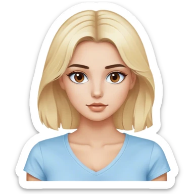Blonde model with brown eyes, light blue cottons v-neck tee, luxury makeup sticker